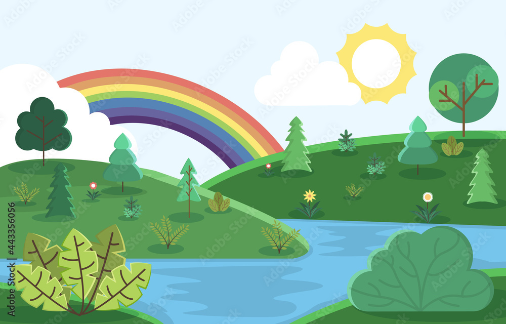 Beautiful Rainbow Summer Hills River Nature Landscape Illustration