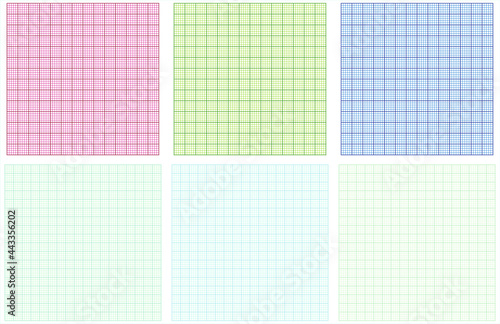 Graph paper set in blue, green, red checkered background. Squared paper sheet. Printable grid paper with color lines for school, technical engineering. Set of 6