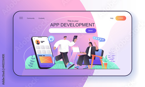 This is your App development concept for landing page. Developers create and optimization mobile applications and programs web banner template. Vector illustration in flat cartoon design for web page