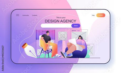 This is your design agency concept for landing page. Designers create page layouts with content, draw visual elements web banner template. Vector illustration in flat cartoon design for web page