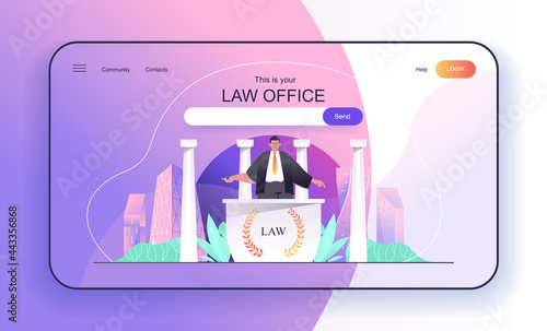 This is your Law Office concept for landing page. Lawyer or attorney consulting clients, legal support of businesses web banner template. Vector illustration in flat cartoon design for web page