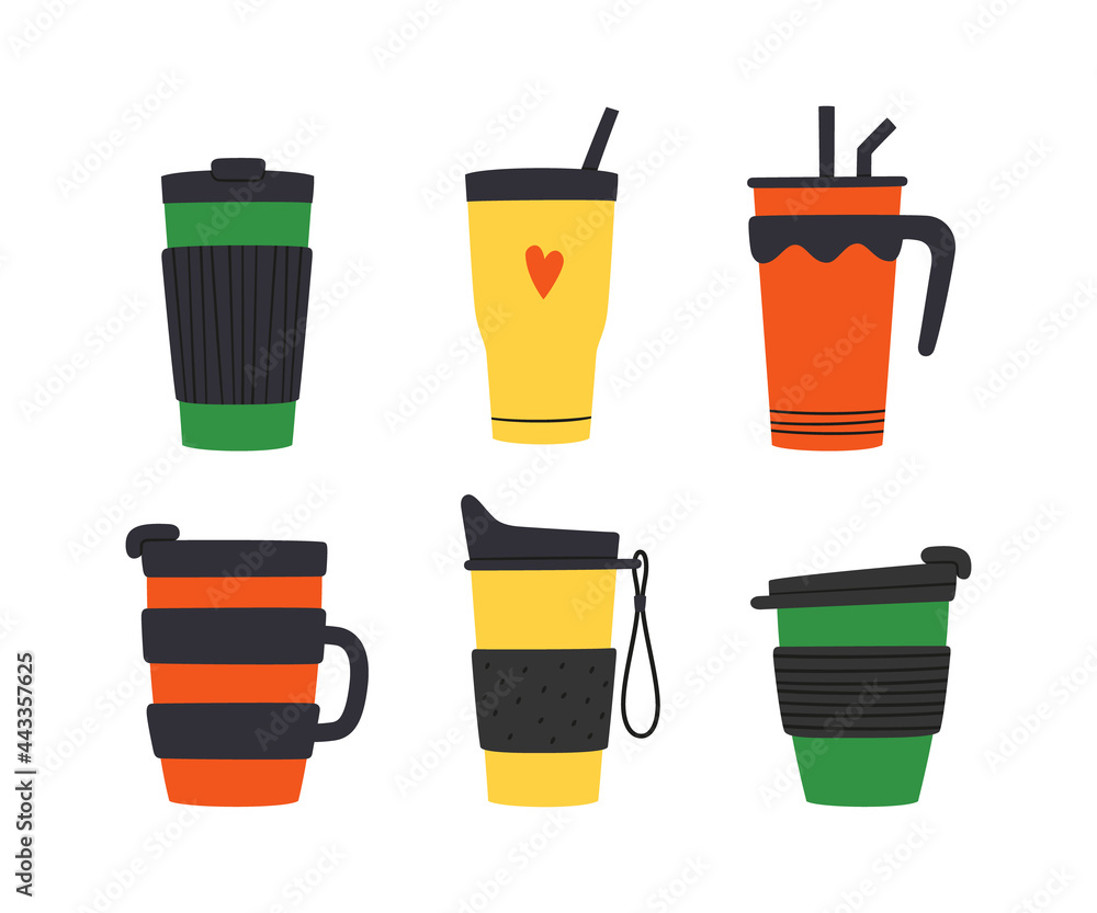 Set of tumblers with cap, handle and straw. Reusable cups and thermo mug. Different designs of thermos for take away coffee. Vector illustrations isolated in flat and cartoon style on white background - obrazy, fototapety, plakaty 