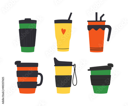 Set of tumblers with cap, handle and straw. Reusable cups and thermo mug. Different designs of thermos for take away coffee. Vector illustrations isolated in flat and cartoon style on white background