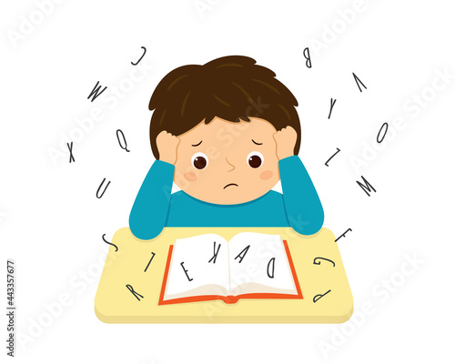 Child suffering with dyslexia is having difficulty in reading a book. Stressed little boy doing hard homework on the desk. Dyslexia disorder concept. Vector illustration isolated on white background.