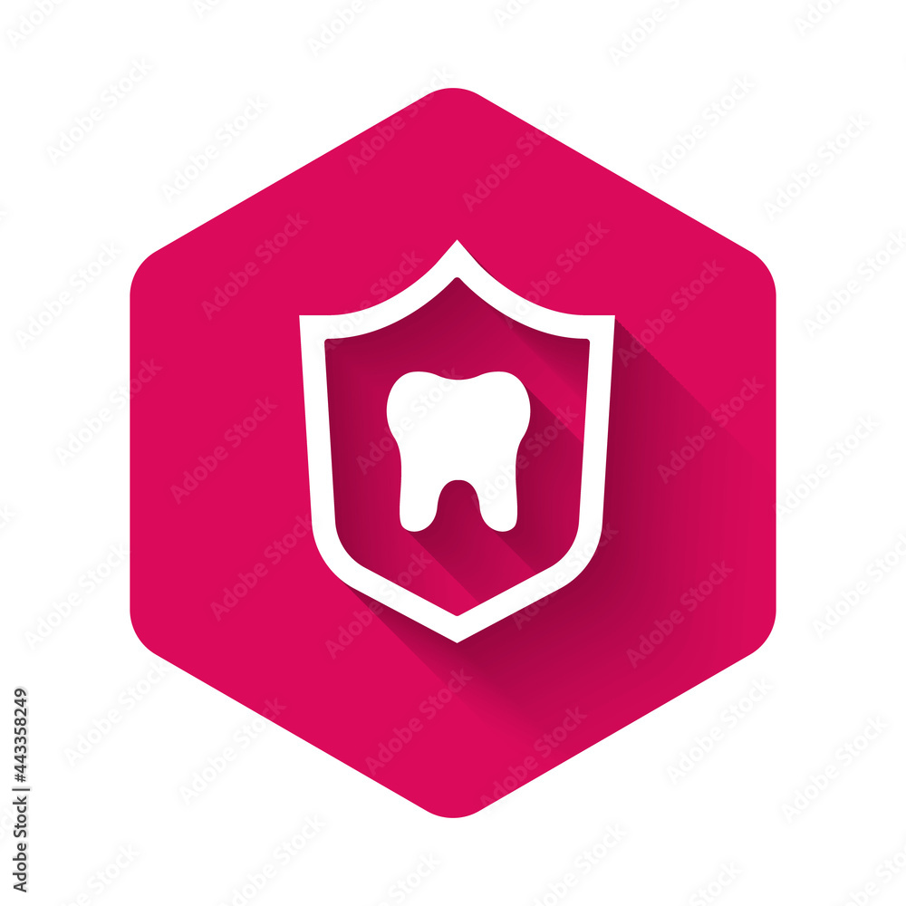 White Dental protection icon isolated with long shadow. Tooth on shield logo. Pink hexagon button. Vector White Dental protection icon isolated with long shadow. Tooth on shield logo. Pink hexagon button. Vector