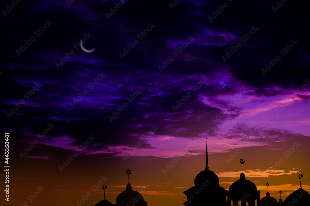 Ramadan kareem religion symbols. Mosques Dome in twilight night with Crescent Moon and sky dark black background. for eid al-fitr, arabic, Eid al-adha concept. Ramadan kareem religion symbols. Mosques Dome in twilight night with Crescent Moon and sky dark black background. for eid al-fitr, arabic, Eid al-adha concept.