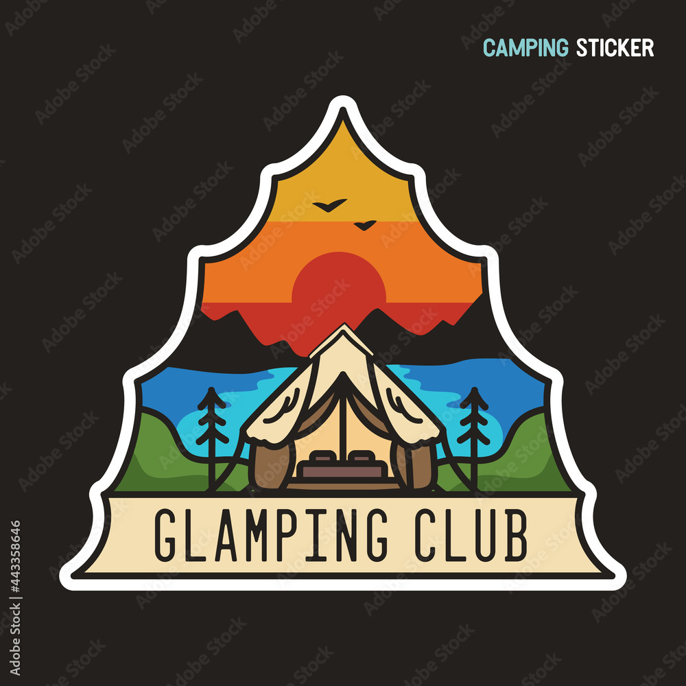Camping adventure sticker design. Travel hand drawn logo emblem. State park label isolated. Stock glamping graphics