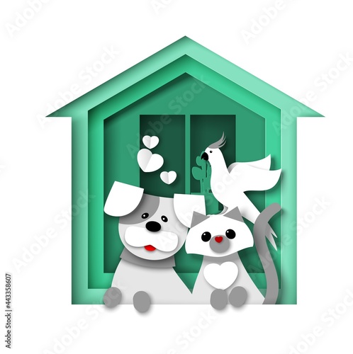 Green house with dog, cat and parrot, vector illustration in paper art style. Animal shelter, vet clinic. Pets home logo