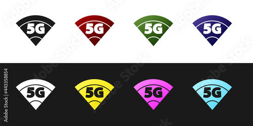 Set 5G new wireless internet wifi connection icon isolated on black and white background. Global network high speed connection data rate technology. Vector