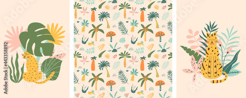 Jungle animals and tropic palm tree set. Cute leopard, jaguar safari cartoon animals, exotic leaves graphic elements.
