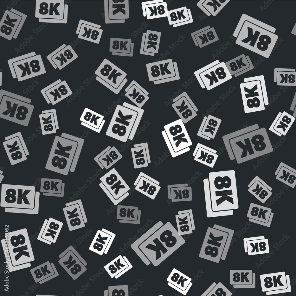 Grey 8k Ultra HD icon isolated seamless pattern on black background. Vector Grey 8k Ultra HD icon isolated seamless pattern on black background. Vector