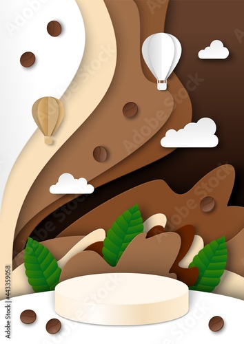 Display podium, paper cut coffee splashes, beans, vector illustration. Coffee background for product advertising poster.