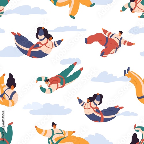 Seamless pattern with happy people skydiving in sky. Repeatable texture of free fall on white background for printing. Colored flat vector illustration of skydivers falling and flying in clouds