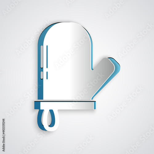 Paper cut Oven glove icon isolated on grey background. Kitchen potholder sign. Cooking glove. Paper art style. Vector