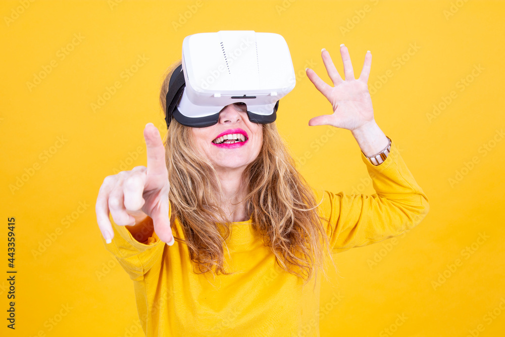 woman with virtual glasses pointing finger isolated