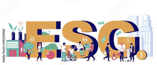 Environmental, social and corporate governance typography banner template, vector isometric illustration. ESG investing.