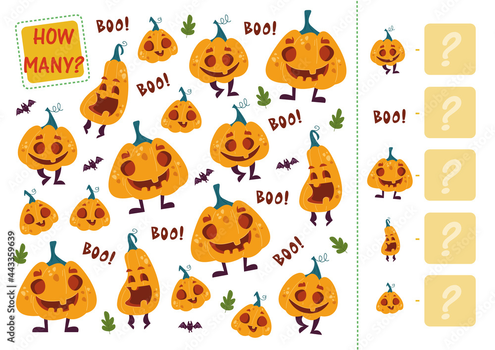 Count how many pumpkins. Mini math game for three Halloween pumpkins. Cartoon vector illustration of education counting game for preschool children. Put the number in the square Count how many pumpkins. Mini math game for three Halloween pumpkins. Cartoon vector illustration of education counting game for preschool children. Put the number in the square