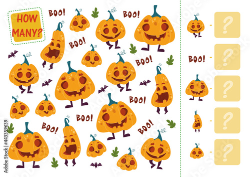 Fototapeta Naklejka Na Ścianę i Meble -  Count how many pumpkins. Mini math game for three Halloween pumpkins. Cartoon vector illustration of education counting game for preschool children. Put the number in the square