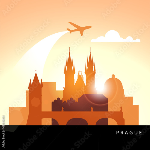 Linear illustration of Prague  Czech Republic. Sunset minimalistic design. Trendy vector illustration. Architecture line cityscape with famous landmarks  city sights  design icons.