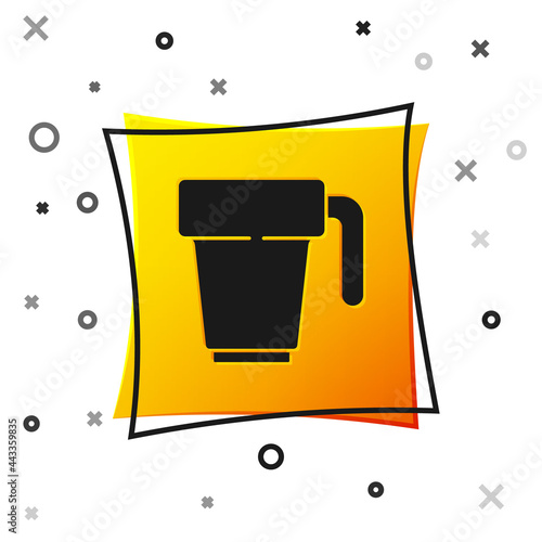 Black Coffee cup icon isolated on white background. Tea cup. Hot drink coffee. Yellow square button. Vector