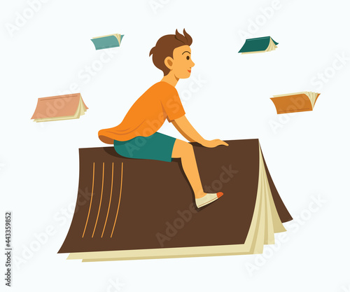 Boy Ride a Book and Enjoy Flying to Learning Journey.