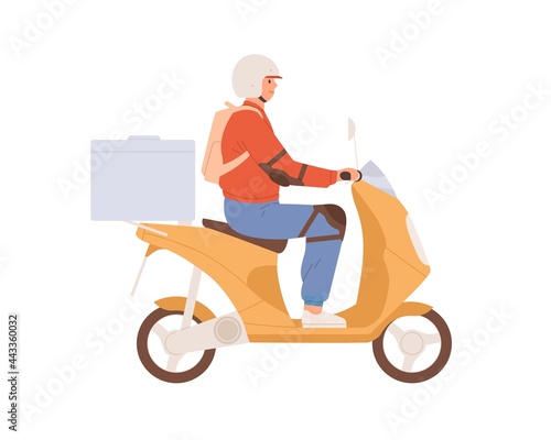 Courier in helmet driving moped with delivery box. Man delivering smth. on motor scooter. Guy riding motorbike. Flat vector illustration of person sitting on bike isolated on white background