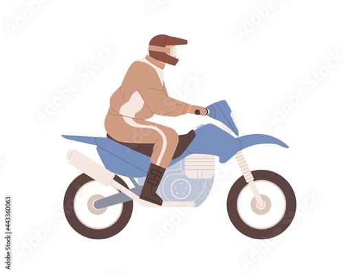 Biker in helmet riding naked moto bike. Man in equipment driving motorcycle. Side view of human on motorbike. Flat vector illustration of driver isolated on white background