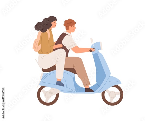 Happy love couple traveling on modern motor scooter together. Side view of man driving moped and woman holding her boyfriend. Flat vector illustration of people on bike isolated on white background