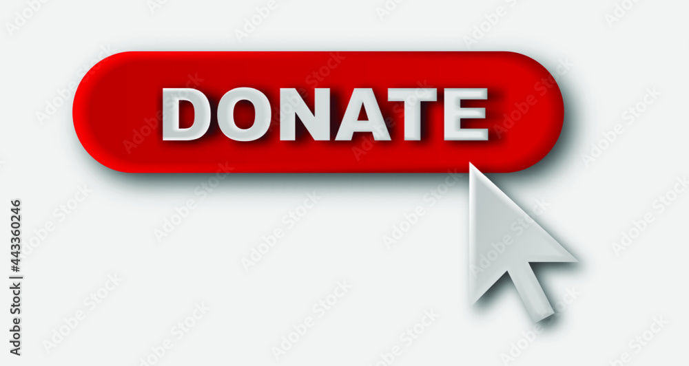 Donate button icon. Red button with cursor symbol. Symbol of financial aid isolated on white background. 3D vector Donate button icon. Red button with cursor symbol. Symbol of financial aid isolated on white background. 3D vector