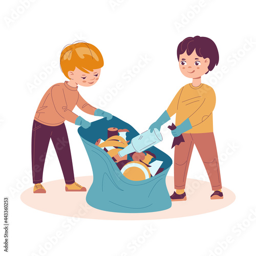 Two boys collect trash in a trash bag. Garbage recycling nature cleaning concept. Vector illustration in flat cartoon style. Isolated on a white background.