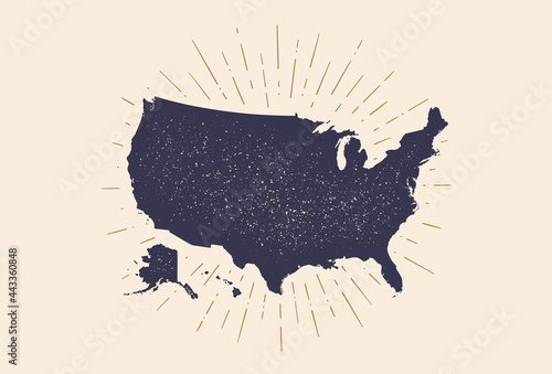 USA. Poster map of United States of America. Print map of USA for t-shirt, poster. Hand-drawn map in style with linear drawing light rays, sunburst and rays of sun. Vector Illustration