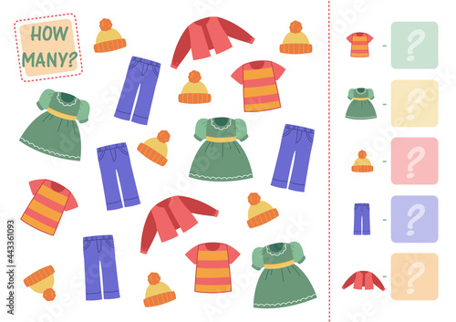 Count how many wardrobe items  clothes are shown and enter in the square with an example. Math mini-game with clothes. Vector illustration of education counting for preschool children.