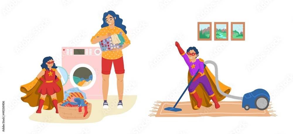Happy kids helpers in superhero costumes helping mother with laundry and cleaning the house, vector illustration.