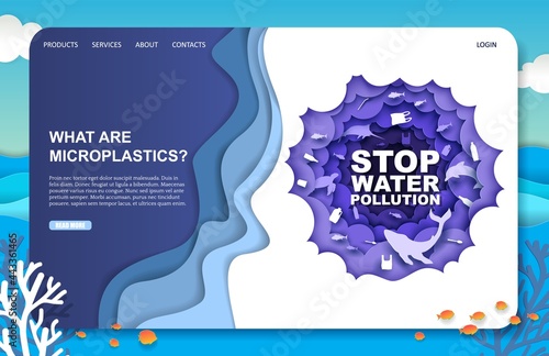 Stop water pollution landing page design, website banner vector template. Harmful impact of microplastic on ocean life.