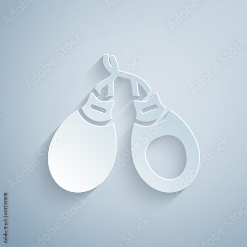 Paper cut Musical instrument castanets icon isolated on grey background. Paper art style. Vector