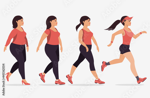 Stages of woman on the way to lose weight,Vector illustrations.
