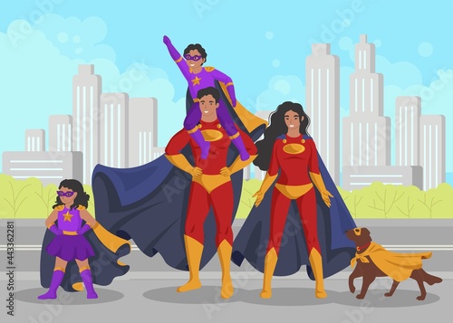 Superhero family, flat vector illustration. Happy smiling mom, dad, kids and pet dog wearing cape, mask, red costumes.