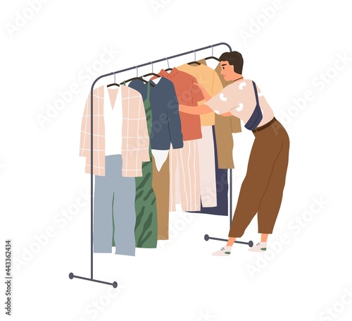 Young woman in modern clothes shopping and looking for fashion outfit. Female choosing from trendy stylish garments, hanging on hanger rack. Flat vector illustration isolated on white background