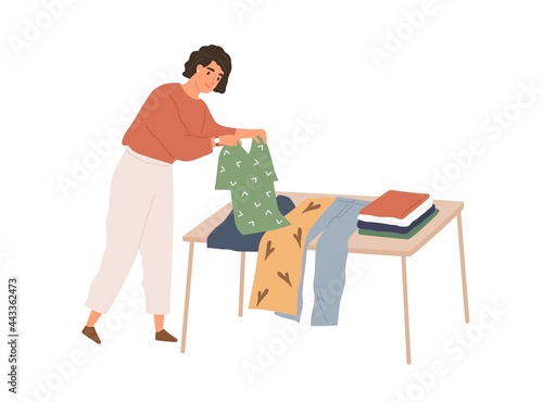Woman folding used clothes, selecting them for charity and preparing for sale. Person choosing garment for donation and resale. Female clearing out wardrobe. Flat vector illustration isolated on white