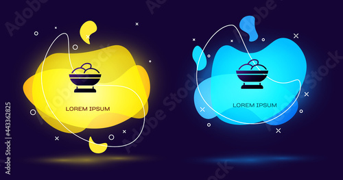 Black Varenyky in a bowl icon isolated on black background. Pierogi, varenyky, dumpling, pelmeni, ravioli. Traditional Ukrainian food. Abstract banner with liquid shapes. Vector