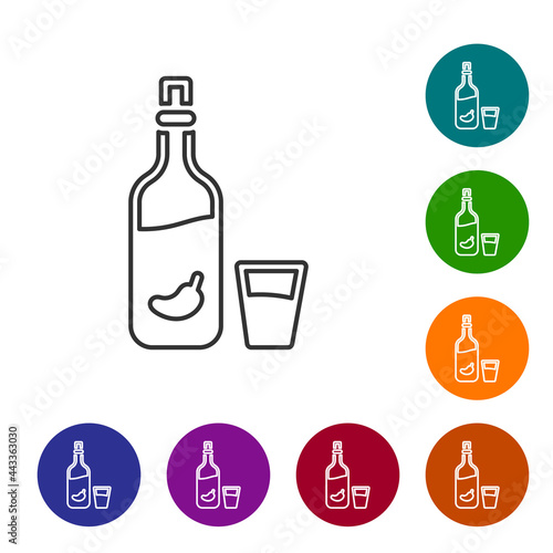 Black line Vodka with pepper and glass icon isolated on white background. Ukrainian national alcohol. Set icons in color circle buttons. Vector