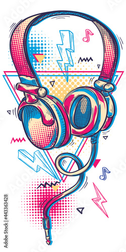Funky colorful drawn cartoon musical headphones