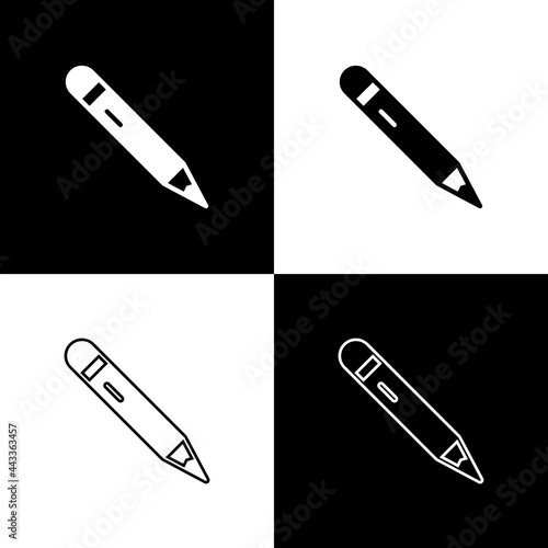 Set Pencil with eraser icon isolated on black and white background. Drawing and educational tools. School office symbol. Vector