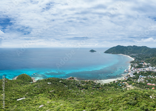 Mae Haad Beach, Koh Tao Island Ko Tao Island Thailand Drone Aerial Shot with Copy Space blue green turquoise landscape panorama