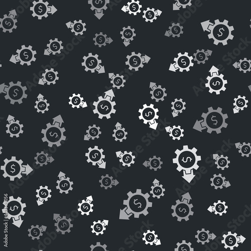 Grey Gear with dollar symbol icon isolated seamless pattern on black background. Business and finance conceptual icon. Vector