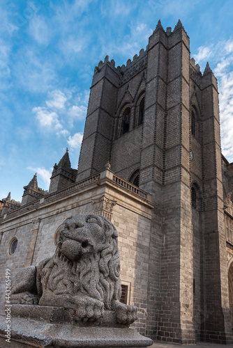 Lion statue in front of the cathedral of Avila, Spain 