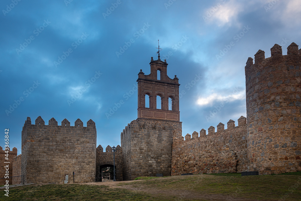 Medieval city wall built in the Romanesque style, Avila in Spain