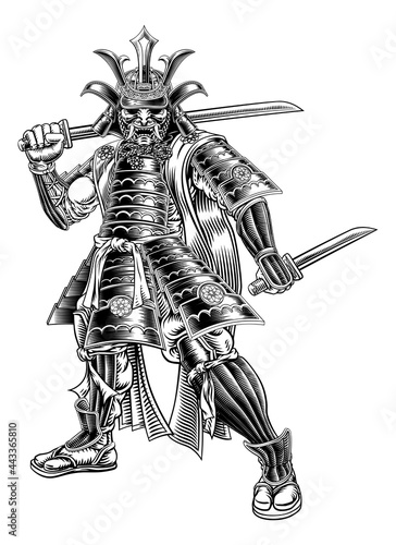 Samurai Japanese Warrior Vintage Etching Art Style