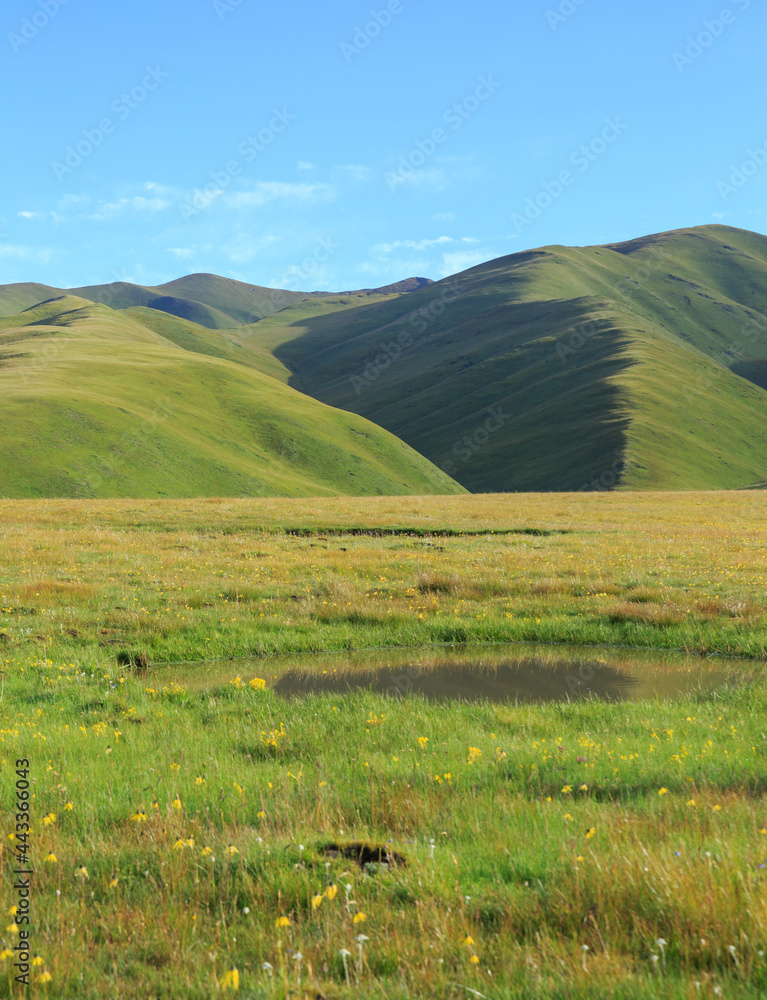 High altitude mountains with grassland landscape
