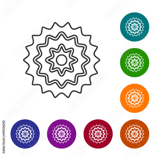 Black line Bicycle cassette mountain bike icon isolated on white background. Rear Bicycle Sprocket. Chainring crankset with chain. Set icons in color circle buttons. Vector
